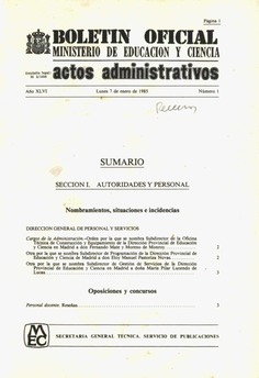 Boletín Oficial del Ministerio de Educación y Ciencia año 1985-1. Actos Administrativos. Números del 1 al 25 más 2 números extraordinarios e índices del 4º trimestre 1984 y 1º trimestre 1985
