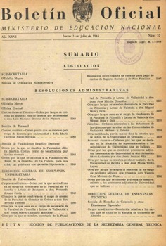 Boletín Oficial del Ministerio de Educación Nacional año 1965-3. Resoluciones Administrativas. Números del 52 al 78 e índice 3º trimestre