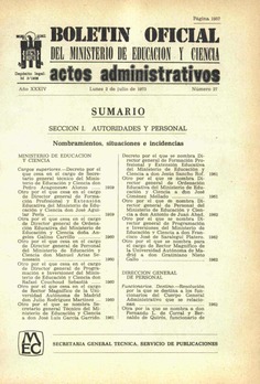 Boletín Oficial del Ministerio de Educación y Ciencia año 1973-3. Actos Administrativos. Números del 27 al 39 e índice 3º trimestre